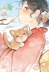 1girl blush brown_eyes brown_hair cat dragon eastern_dragon eating flower hair_bun hair_ornament highres japanese_clothes kanzashi kimono looking_at_viewer open_mouth original plum_blossoms red_kimono single_hair_bun sky solo takeno_(takenoo2) upper_body
