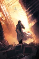 1boy aircraft black_hair building cable cancer.b0ss city destruction hand_in_pocket helicopter highres holding holding_phone jacket lab_coat looking_down microwave monitor official_style okabe_rintarou open_clothes open_jacket phone post-apocalypse ruins scenery short_hair solo standing steins;gate steins;gate_0 white_jacket