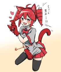 1girl :3 ahoge animal_ears animal_hands black_thighhighs blush bow bowtie cat_ears cat_tail collared_shirt cropped_legs drill_hair fake_animal_ears gloves gradient_background grey_shirt hairband hato_no_mune_wo_momitai heart jitome kasane_teto looking_at_viewer miniskirt motion_lines open_mouth paw_gloves red_eyes red_hair red_skirt shirt shirt_tug short_hair short_sleeves skirt solo sweat tail thighhighs translation_request twin_drills twitter_username utau v-shaped_eyebrows