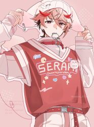 1boy animal_ear_headwear arms_up belt belt_buckle belt_collar black_hair buckle character_name collar commentary ear_piercing earrings fake_animal_ears fingernails hat heart highres jewelry layered_clothes looking_at_viewer male_focus multicolored_hair nijisanji piercing pink_background pink_hair pink_hat red_belt red_collar red_eyes red_hair safety_pin seraph_dazzlegarden sleeves_past_wrists snap-fit_buckle solo standing twitter_username virtual_youtuber yairo_(azu-03-09w) zipper
