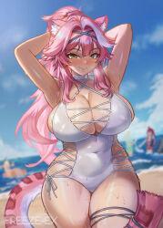 4girls animal_ears blurry blurry_background blush breasts cecilia_immergreen cleavage closed_mouth cloud cloudy_sky collarbone covered_navel curvy day elizabeth_rose_bloodflame freeze-ex gigi_murin hair_intakes high_ponytail hololive hololive_english huge_breasts large_breasts long_hair looking_at_viewer multicolored_hair multiple_girls one-piece_swimsuit outdoors panther_ears panther_girl panther_tail pink_hair ponytail raora_panthera sky smile solo_focus streaked_hair sweat swimsuit tail thick_thighs thigh_strap thighs two-tone_hair virtual_youtuber water white_hair white_one-piece_swimsuit wide_hips yellow_eyes