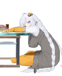 Rule 34 | 1girl, ahoge, blush, braid, breasts, chips (food), covered mouth, dress, elbow gloves, fingerless gloves, food, gloves, grey dress, hair ornament, hanging breasts, highres, kizuna akari, long hair, looking at viewer, looking to the side, no shoes, orange nails, orange pantyhose, pantyhose, pocche-ex, potato chips, shirt, short sleeves, simple background, sitting, sleeveless, sleeveless dress, solo, table, twin braids, very long hair, voiceroid, white background, white shirt