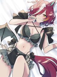 1girl absurdres animal_ears bat_wings black_bra black_ribbon black_shorts blue_nails blush bra breasts cleavage closed_mouth frilled_shorts frills hair_over_one_eye highres horse_ears horse_girl horse_tail large_breasts looking_at_viewer lying navel on_back ribbon short_hair short_shorts shorts sidelocks single_wing smile solo stomach tail tanino_gimlet_(umamusume) toriumi_(fioripera14) umamusume underwear wings