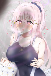 1girl :o ? adversarial_noise armpit_crease beckoning blue_archive blue_one-piece_swimsuit blush breasts bright_pupils cdim cleavage collarbone commentary_request covered_navel emblem english_text feathered_wings hair_ornament hair_over_shoulder hair_scrunchie halo hands_up heart heart-shaped_pupils highres long_hair long_sidelocks looking_at_penis loving_aura low_wings mika_(blue_archive) motion_lines one-piece_swimsuit orange_eyes parted_lips penis_shadow pink_hair pink_halo polka_dot polka_dot_scrunchie ponytail purple_scrunchie school_swimsuit scrunchie sidelocks solo steam steaming_body swimsuit symbol-shaped_pupils trembling upper_body variant_set very_long_hair white_pupils white_wings wings wispy_bangs