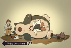Rule 34 | 2boys, 2others, blue shirt, brown pants, brown shorts, claws, clipboard, closed eyes, eye mask, falling, fang, gen 1 pokemon, gen 3 pokemon, highres, holding, holding clipboard, imminent crushing, lab coat, looking at another, meme, multiple boys, multiple others, nintendo, one eye closed, open mouth, pants, poke ball, pokemon, pokemon (creature), pokemon oras, pokemon sleep, poochyena, professor birch, professor neroli, rolling, shirt, shorts, snorlax, surprised, takichizento, to be continued, white background