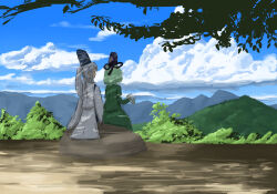 Rule 34 | 2girls, black hat, blue hat, blue sky, cloud, cloudy sky, commentary request, dappled sunlight, dress, from behind, green dress, green hair, grey hair, hat, high ponytail, highres, japanese clothes, kariginu, looking at another, looking to the side, mononobe no futo, mountainous horizon, multiple girls, outdoors, ponytail, ritsuzou, robe, rock, short hair, sitting, sky, soga no tojiko, sunlight, tate eboshi, touhou, tree, upper body, white robe