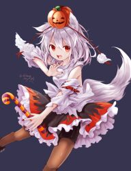1girl :d alternate_headwear animal_ears arm_belt black_shorts black_skirt breasts brown_pantyhose candy candy_cane chikuwa_savy commentary_request detached_sleeves feet_out_of_frame fingernails food frilled_skirt frills grey_background hair_between_eyes holding holding_candy holding_candy_cane holding_food inubashiri_momiji long_fingernails looking_to_the_side medium_hair open_mouth pantyhose pom_pom_(clothes) pumpkin_hat red_eyes red_nails shirt short_sleeves shorts shorts_under_skirt simple_background skirt smile solo tail torn_clothes torn_sleeves touhou twitter_username white_hair white_shirt wolf_ears wolf_girl wolf_tail