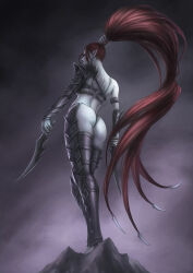 1girl armlet armor ass ass_focus barefoot bikini blue_eyes blue_lips breasts captdiablo cleavage commentary dark dark_eldar dark_elf elf english_commentary eye_tattoo full_body hair_weapon helmet highres holding holding_polearm holding_weapon hot jewelry lelith_hesperax lips long_hair pale_skin pauldrons pointy_ears polearm ponytail red_hair shoulder_armor sidelocks single_pauldron solo spear spiked_armor spiked_legwear standing swimsuit thighhighs toe_ring vambraces very_long_hair warhammer_40k weapon