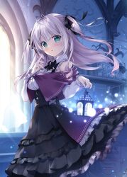 1girl :o antenna_hair black_bow black_bowtie black_ribbon black_skirt blue_light book bow bowtie breasts clothes_pin commentary detached_sleeves floating_hair frilled_shirt frilled_skirt frills green_eyes hair_ribbon high-waist_skirt highres holding holding_lantern lantern light_blush light_particles long_hair looking_at_viewer looking_to_the_side medium_breasts mikeou original ribbon scroll shirt skirt sleeveless sleeveless_shirt solo two_side_up watermark white_hair white_sleeves window yukinose_rimu