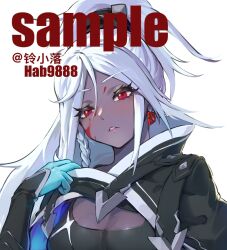 1girl artist_name blood blood_on_face blue_gloves breasts cleavage cleavage_cutout clothing_cutout commentary dark-skinned_female dark_skin dota_(series) dota_2 drow_ranger_(dota) earrings english_commentary gloves jewelry ling_luo_xi_yang long_hair looking_at_viewer medium_breasts parted_lips ponytail red_eyes sample_watermark simple_background solo upper_body very_long_hair watermark white_background white_hair