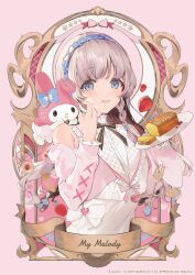 1girl 2025 absurdres bare_shoulders black_bow blue_eyes blue_hairband bow braid brown_hair cake character_name food fork hairband highres long_hair long_sleeves looking_at_viewer multicolored_hair my_melody necomi off_shoulder onegai_my_melody parted_lips pink_background pink_hair sanrio simple_background single_braid smile solo spoon streaked_hair upper_body