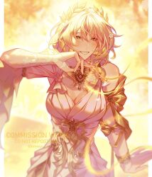 1girl aglaea_(honkai:_star_rail) ancient_greek_clothes blonde_hair breast_tattoo breasts cleavage commentary commission dress emeys english_commentary flower greco-roman_clothes green_eyes hair_flower hair_ornament highres honkai:_star_rail honkai_(series) large_breasts laurel_crown smile solo tattoo thread twitter_username white_dress yellow_nails yellow_theme