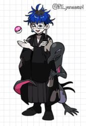 1boy black_hair black_skin blue_eyes blue_hair bridge_piercing collar collarbone colored_skin earrings eyepatch face_piercing full_body furukawa_(yomawari) gen_7_pokemon heart highres japanese_clothes jewelry lip_piercing looking_at_viewer love_ball male_focus multicolored_hair nintendo omokage_yugamu one_eye_covered open_mouth piercing poke_ball pokemon pokemon_(creature) purple_eyes salazzle solo standing teeth the_hundred_line_-last_defense_academy- upper_teeth_only