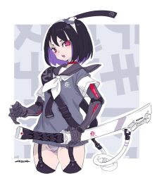 Rule 34 | 1girl, black hair, blush, choker, colored inner hair, commentary request, cowboy shot, cropped legs, cyborg, garter straps, grey panties, grey sweater vest, hairband, highres, holding, holding sword, holding weapon, looking at viewer, mechanical arms, mechabare, mechanical sword, mudou eichi, multicolored hair, neckerchief, no pants, open mouth, original, panties, prosthesis, prosthetic arm, purple hair, red choker, red eyes, sailor collar, shirt, short hair, sketch, solo, sweater vest, sword, two-tone hair, underwear, weapon, white neckerchief, white shirt