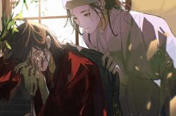 2boys aaawwwssslll black_eyes black_hair blurry chinese_clothes chinese_commentary closed_eyes closed_mouth coin coin_mask dao_gui_yi_xian day half-closed_eyes hanfu hat head_rest highres holding holding_unworn_clothes holed_coin indoors jin_(headwear) leaning_forward li_huowang light_particles long_hair long_sleeves looking_at_another looking_down male_focus mask mouth_veil multiple_boys plant red_hanfu robe shade sitting sleeping sleeping_on_desk sunlight table upper_body veil white_hanfu white_hat wide_sleeves window yaoi zhouzi_jin_(headwear) zhuge_yuan