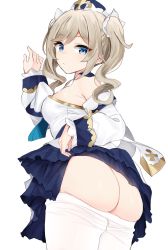 1girl ass barbara_(genshin_impact) bare_shoulders blue_eyes blue_skirt blush breasts butt_crack closed_mouth clothes_pull detached_sleeves from_behind genshin_impact highres leaning_forward lifting_own_clothes long_sleeves looking_at_viewer looking_back no_panties pantyhose pantyhose_pull shengtian simple_background skirt skirt_set small_breasts solo twintails white_background white_headwear white_pantyhose