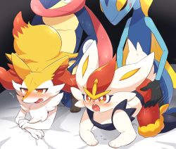 2boys 2girls all_fours animal_ear_fluff animal_ears animal_feet animal_hands animal_nose bed_sheet black_fur black_skin blue_fur blue_skin blush body_fur braixen bright_pupils buck_teeth cinderace closed_eyes closed_mouth colored_skin crossed_arms drooling fang flat_chest fox_ears fox_girl fox_tail furry furry_female furry_male furry_with_furry gen_6_pokemon gen_8_pokemon greninja half-closed_eyes heart heart_in_mouth hetero highres inteleon interspecies licking_lips long_tongue motion_lines multiple_boys multiple_girls neck_fur nintendo nose_blush open_mouth pokemon pokemon_(creature) pokephilia rabbit_ears rabbit_girl rabbit_tail red_eyes red_fur red_hair reptile_boy saliva sex sex_from_behind short_hair snout subaru331 sweat tail tears teeth tongue tongue_out trembling waist_grab white_fur white_pupils wide-eyed yellow_fur yellow_skin