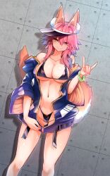1girl absurdres animal_ears bangle bare_shoulders belt bikini black_belt black_bikini blue_jacket bracelet breasts cleavage closed_mouth collarbone fang fate/extra fate_(series) fingernails fox_ears fox_girl fox_shadow_puppet fox_tail gluteal_fold gradient_hair groin hair_between_eyes hair_intakes highleg highleg_bikini highres jacket jewelry knees large_breasts legs long_sleeves looking_at_viewer multicolored_hair nail_polish navel open_belt open_clothes open_jacket pink_hair pink_nails skin_fang smile solo standing stomach swimsuit tail tamamo_(fate) tamamo_no_mae_(fate/extra) thighs unzipping visor_cap wide_sleeves wisespeak yellow_eyes