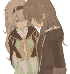 2girls arms_behind_back artist_name black_coat black_hairband black_jacket blue_eyes closed_mouth coat crying dress firefly_(honkai:_star_rail) green_dress grey_hair hairband honkai:_star_rail honkai_(series) jacket korshokor lapels long_hair long_sleeves looking_at_another multiple_girls neckerchief open_clothes open_coat sad sailor_collar simple_background standing stelle_(honkai:_star_rail) trailblazer_(honkai:_star_rail) two-tone_dress white_background white_dress yellow_neckerchief