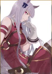 Rule 34 | 1girl, absurdres, animal ears, armband, bare shoulders, belt, belt pouch, blunt bangs, bow, bowtie, dress, ear bow, ear ribbon, from side, gloves, gold ship (umamusume), hand on own face, highres, horse ears, horse girl, horse tail, horseshoe ornament, izu lemon, knee up, long hair, looking at viewer, no headwear, o-ring, pink eyes, pouch, purple bow, red bow, red bowtie, red dress, sidelocks, signature, solo, tail, twitter username, umamusume, upper body, white background, white gloves, white hair
