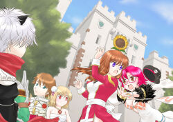 2boys 3girls argyle_clothes argyle_dress armor assassin_cross_(ragnarok_online) back_bow black_hat black_shirt blonde_hair blue_eyes blue_sky bow breastplate breasts brown_eyes brown_hair castle chest_sarashi cleavage closed_mouth commentary_request cross cross_necklace cross_of_prontera day detached_sleeves double_bun dress ferus_(ragnarok_online) flower flower_on_head fur_collar garter_straps grey_hair hair_bun harunyan hat hat_ornament high_priest_(ragnarok_online) jewelry juliet_sleeves long_hair long_sleeves looking_at_another medium_breasts multiple_boys multiple_girls necklace newsboy_cap open_mouth outdoors pink_hair puffy_sleeves purple_eyes pushing ragnarok_online red_dress red_eyes red_scarf rune_knight_(ragnarok_online) sarashi sash scarf shirt short_hair skull_hat_ornament sky sleeveless sleeveless_dress smile sorcerer_(ragnarok_online) sunflower sura_(ragnarok_online) two-tone_dress upper_body white_bow white_dress white_sash white_sleeves yellow_flower