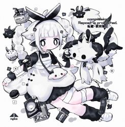 1girl ahoge animal_ears apron bandaged_arm bandaged_leg bandages black_bow black_dress black_eyes black_flower black_hairband black_leg_warmers blush_stickers book bow braid bright_pupils candy chocolate chocolate_bar closed_mouth commentary_request commission cotono_(nazekun) creature dress flat_chest flower food full_body hair_flower hair_ornament hairband highres leg_warmers long_hair milk_carton original shoes short_sleeves smile socks solo tail twin_braids watermark white_apron white_background white_flower white_hair white_pupils white_shoes white_socks