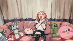 1girl black_socks blue_ribbon blue_skirt character_doll commentary_request couch creeper facing_viewer fake_video feet_out_of_frame green_sailor_collar hair_bobbles hair_ornament indoors innertube kantai_collection ken_sogen kirby kirby_(series) kneehighs laughing medium_hair minecraft neck_ribbon nintendo on_couch own_hands_together pink_hair pleated_skirt red_eyes rensouhou-chan ribbon sailor_collar sazanami_(kancolle) school_uniform serafuku shirt short_sleeves sitting skirt smile socks solo subtitled swim_ring tearing_up translation_request twintails v-shaped_eyebrows white_shirt