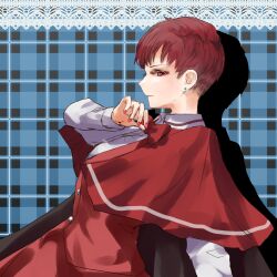 1girl alternate_hair_length alternate_hairstyle blue_background capelet closed_mouth commentary_request earrings fingernails from_side highres jewelry long_fingernails long_sleeves looking_at_viewer looking_to_the_side okazaki_yumemi plaid_background profile red_capelet red_eyes red_hair red_nails red_skirt red_vest shirt short_hair sideways_glance skirt solo stud_earrings teruteru12 touhou upper_body very_short_hair vest white_shirt