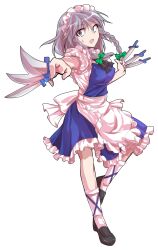 Rule 34 | 1girl, :o, alphes (style), ankle lace-up, apron, back bow, between fingers, black ribbon, black shoes, blue skirt, blue vest, bow, braid, breasts, commentary request, dairi, frilled apron, frilled skirt, frilled sleeves, frills, full body, green bow, grey eyes, grey hair, hair bow, highres, holding, holding knife, izayoi sakuya, knife, knives between fingers, large variant set, looking at viewer, maid, maid headdress, medium breasts, medium hair, neck ribbon, open mouth, parody, puffy short sleeves, puffy sleeves, ribbon, shirt, shoes, short sleeves, simple background, skirt, socks, solo, standing, standing on one leg, style parody, sweatdrop, tachi-e, throwing knife, touhou, transparent background, twin braids, variant set, vest, waist apron, weapon, white apron, white shirt, white socks