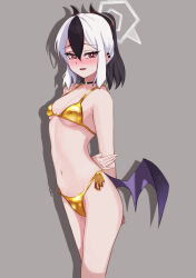 1girl bikini black_choker black_hair black_horns blue_archive blush breasts breasts_apart choker commentary_request demon_horns ear_piercing fuaru furrowed_brow gold_bikini grey_background hair_between_eyes halo highres horns kayoko_(blue_archive) looking_at_viewer navel piercing ponytail purple_wings red_eyes shadow sidelocks single_wing small_breasts solo standing stomach swimsuit white_hair wings