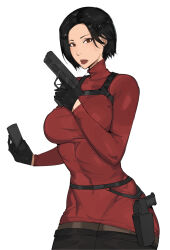 1girl ada_wong asian black_gloves black_hair black_thighhighs breasts chinese_(nationality) dr_octojuice female_focus gloves gun gun_holster highres holding holding_gun holding_weapon large_breasts lips medium_hair resident_evil simple_background thighhighs weapon white_background