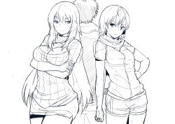 1boy 2girls :&lt; absurdres alternate_costume arms_under_breasts back-to-back bare_arms breasts cleavage cleavage_cutout closed_mouth clothing_cutout commentary cowboy_shot crossed_arms from_behind greyscale hair_between_eyes highres julioalqae kamijou_touma large_breasts light_blush lineart long_hair medium_hair misaka_mikoto monochrome multiple_girls open-chest_sweater ribbed_sweater shokuhou_misaki short_hair short_shorts short_sleeves shorts simple_background standing sweater toaru_majutsu_no_index v-shaped_eyebrows very_long_hair