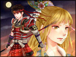armor black_hair blonde_hair braid brown_eyes chacha hair_ornament headband japanese_clothes lips long_hair moon polearm sengoku_musou spear weapon
