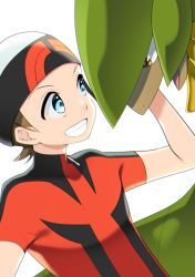 1boy :d aqua_eyes bad_id bad_pixiv_id banana brendan_(pokemon) brown_hair creature eye_contact food fruit gen_1_pokemon gen_3_pokemon hat highres looking_at_another male_focus nintendo open_mouth pokemon pokemon_(creature) pokemon_rse red_shirt shirt short_sleeves smile tropius upper_body white_hat yellow_eyes yuihico