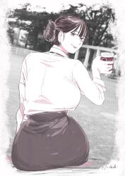 1girl absurdres artist_name ass black_skirt breasts brown_hair can chichi8181 choppy_bangs collared_shirt curvy drink_can from_behind hair_bun hand_up highres holding holding_can large_breasts limited_palette long_sleeves looking_at_viewer looking_back mole mole_under_eye office_lady original outdoors park parted_lips shirt shirt_tucked_in short_hair signature single_hair_bun sitting skirt smile solo turning_head white_shirt wide_hips
