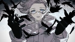 1boy aotsuki_eito bird black_gloves blue_eyes crow glasses gloves gradient_background grey_background hands_up highres long_sleeves looking_at_viewer male_focus open_mouth simple_background solo solo_focus the_hundred_line_-last_defense_academy- white_background white_hair