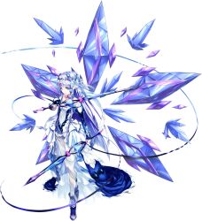 Rule 34 | 1girl, artist request, bad source, bare shoulders, blue hair, breasts, collar, crown, crystal, dress, dual wielding, full body, game cg, highres, holding, holding sword, holding weapon, long hair, lydia (unitia), official art, open mouth, purple eyes, solo, sword, third-party source, transparent background, unitia, weapon