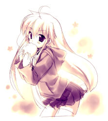 1girl ahoge aoi_sudo steamed_bun commentary_request eating food hair_between_eyes holding holding_food hood hoodie houkago_sensation! leaning_forward long_hair long_sleeves monochrome shouna_mitsuishi simple_background skirt solo thighhighs very_long_hair zettai_ryouiki
