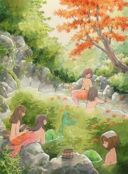 5girls autumn_leaves bare_shoulders black_eyes breasts brown_hair brushing_another&#039;s_hair brushing_hair bucket closed_eyes falling_leaves from_behind green_scales green_tail heikala highres leaf long_hair looking_at_another maple_leaf maple_tree medium_hair mermaid monster_girl multiple_girls nature no_shirt on_rock onsen orange_scales orange_tail original outdoors painting_(medium) partially_submerged rock short_hair sitting small_breasts towel towel_on_head traditional_media tree water watercolor_(medium) wooden_bucket