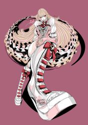 Rule 34 | 1girl, absurdres, ascot, blonde hair, blunt bangs, boots, character name, dress, emilie de rochefort, highres, invisible chair, knee boots, long hair, non-web source, official art, parted lips, pink background, pink dress, pink eyes, pink thighhighs, red ascot, simple background, sitting, solo, tekken, tekken 8, thighhighs, white boots, wolfmarker