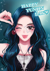 1girl ;p absurdres air_bubble artist_name black_eyes black_hair black_nails blush bubble cherry english_text facial_mark food fruit highres holding holding_food holding_fruit huh_yun-jin jewelry le_sserafim long_hair looking_at_viewer necklace noya_(sh_love_laurant) one_eye_closed star_(symbol) star_facial_mark tongue tongue_out upper_body