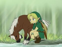 1boy ask-young-link belt blonde_hair blue_eyes boots brown_belt brown_boots child closed_mouth commentary epona fold-over_boots grass green_hat green_tunic hat horse link nintendo pointy_ears shield shield_on_back short_sleeves shoulder_belt smile solo squatting sword the_legend_of_zelda the_legend_of_zelda:_majora&#039;s_mask tunic water weapon weapon_on_back young_link