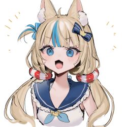 1girl :3 ahoge animal_ear_fluff animal_ears bebe_(bebe_pp) blonde_hair blue_eyes blue_hair blue_sailor_collar bow cat_ears collar commentary cropped_torso hair_bow highres indie_virtual_youtuber lifebuoy_hair_ornament long_hair low_twintails multicolored_hair one_side_up open_mouth sailor_collar sameko_saba simple_background sleeveless smile solo streaked_hair twintails virtual_youtuber white_background