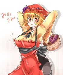 1girl aki_minoriko apron basket black_skirt blonde_hair grape_hat_ornament hat holding holding_basket looking_at_viewer ototobe red_apron red_eyes red_hat shirt short_hair skirt smile solo tagme touhou yellow_shirt