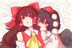 2girls ascot bird_wings black_hair black_wings blush bow brown_eyes brown_hair chinese_commentary closed_mouth collared_shirt commentary_request detached_sleeves frilled_bow frilled_hair_tubes frills hair_bow hair_tubes hakurei_reimu hat highres huai_qiong_feng_ling_mian hug long_hair looking_at_viewer multiple_girls open_mouth pom_pom_(clothes) red_bow red_eyes red_hat ribbon-trimmed_sleeves ribbon_trim shameimaru_aya shirt tokin_hat touhou white_shirt wings yellow_ascot yuri