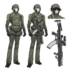 1girl absurdres assault_rifle black_gloves blonde_hair brown_eyes combat_helmet gloves green_jacket green_pants gun helmet highres jacket military_uniform multiple_views original pants peinlike rifle science_fiction sketch smile ukrainian_flag weapon