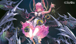 1girl angel armpits arms_up breasts datan_uu floating frilled_skirt frills highres large_breasts long_hair looking_at_viewer low_twintails mechanical_wings original pink_eyes pink_hair skirt solo thighs twintails wings