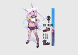 1girl absurdres ahoge alternate_hair_color alternate_skin_color animal_ears bandaid bandaid_on_leg bandaids_on_nipples belt belt_collar black_gloves black_thighhighs blush bow bowtie breasts clothes_lift collar crop_top dark_skin denim fox_ears fox_girl gloves gradient_hair grey_background hair_between_eyes hair_bow hands_on_own_crotch head_tilt highres indie_virtual_youtuber jeans long_bangs long_hair looking_at_viewer multicolored_hair navel pants pasties purple_eyes shadow shippitsu shirt shirt_lift shoes sidelocks simple_background sneakers solo standing teletha_(vtuber) thigh_strap thighhighs twintails waist_bag white_hair white_shirt yellow_bow yellow_bowtie
