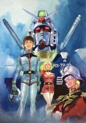 1980s_(style) 1girl 2014 2boys amuro_ray char_aznable character_name concept_art dated earth_federation_space_forces gundam helmet highres mask mecha military_uniform mobile_suit mobile_suit_gundam multiple_boys official_art oldschool painting_(medium) pilotsuit retro_artstyle robot rx-78-2_gundam sayla_mass scan science_fiction siblings signature spacesuit traditional_media unworn_headwear unworn_helmet v-fin yasuhiko_yoshikazu zeon