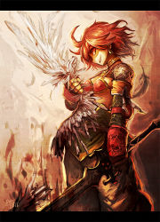 1girl ahoge bad_end bikini bikini_top_only breasts cleavage collar earrings female_focus hair_between_eyes jewelry letterboxed midriff navel red_eyes red_hair revya_(female) short_hair solo soul_cradle spoilers swimsuit sword torihasiden weapon